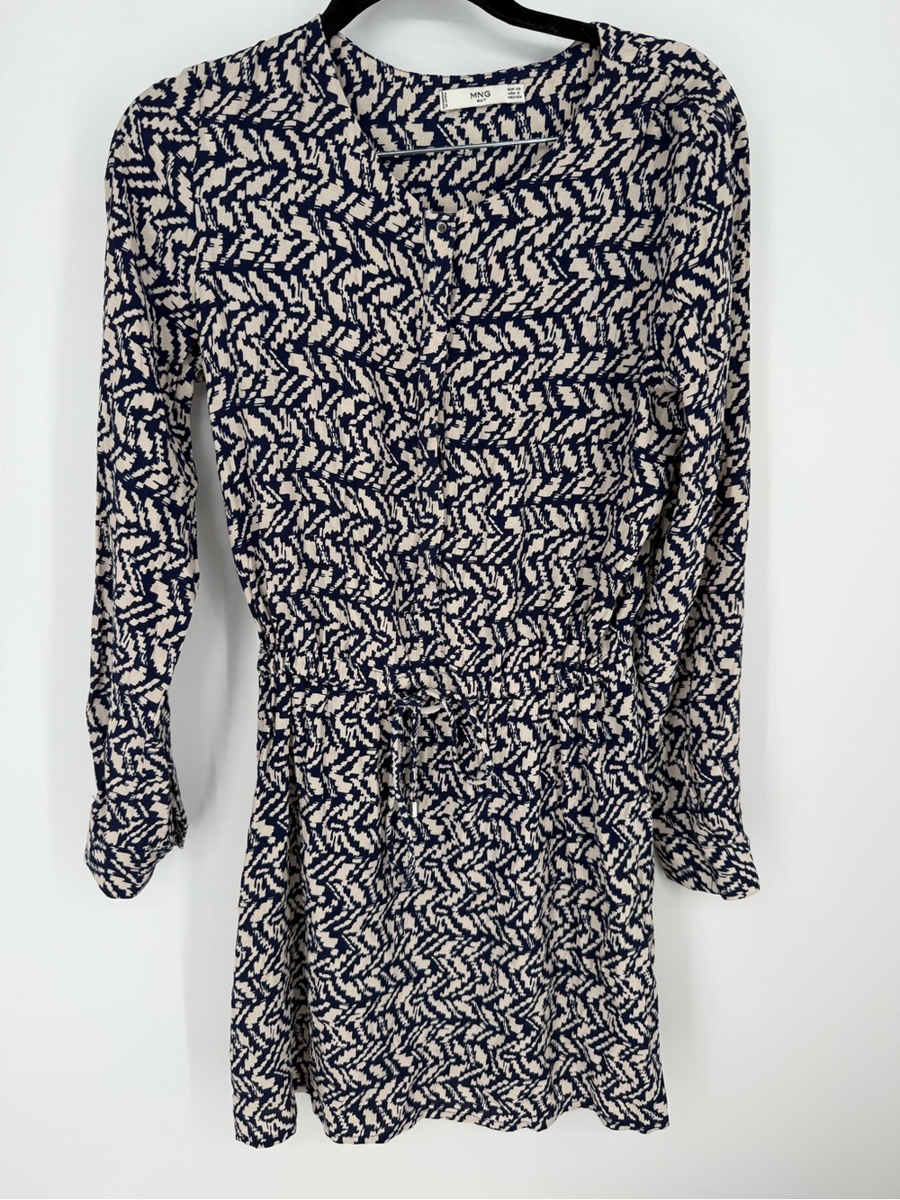 Mango Navy and Cream Printed Long-Sleeve Mini Dress with waisted tie size 2